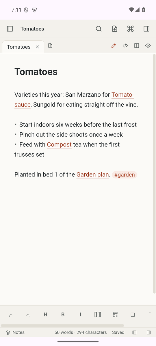 A note on Android, with the formatting toolbar