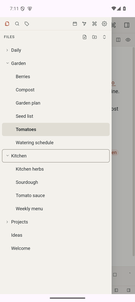 The Files drawer on Android, with the folders of a notebook