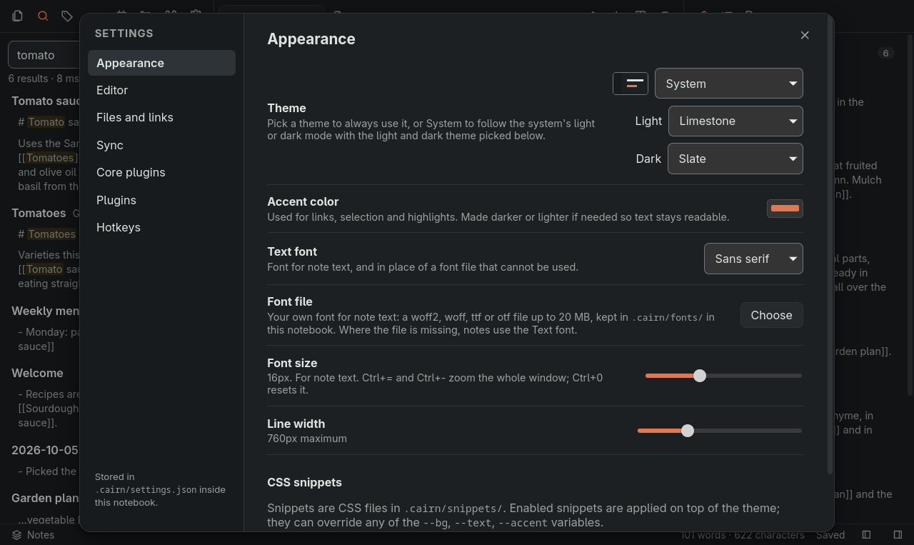 Settings, then Appearance: the Theme list set to System, with Limestone as the light theme and Slate as the dark theme