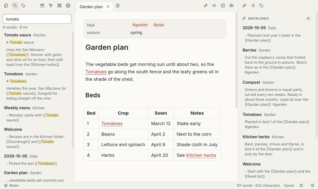 Search results for "tomato" in the left sidebar, next to the open note